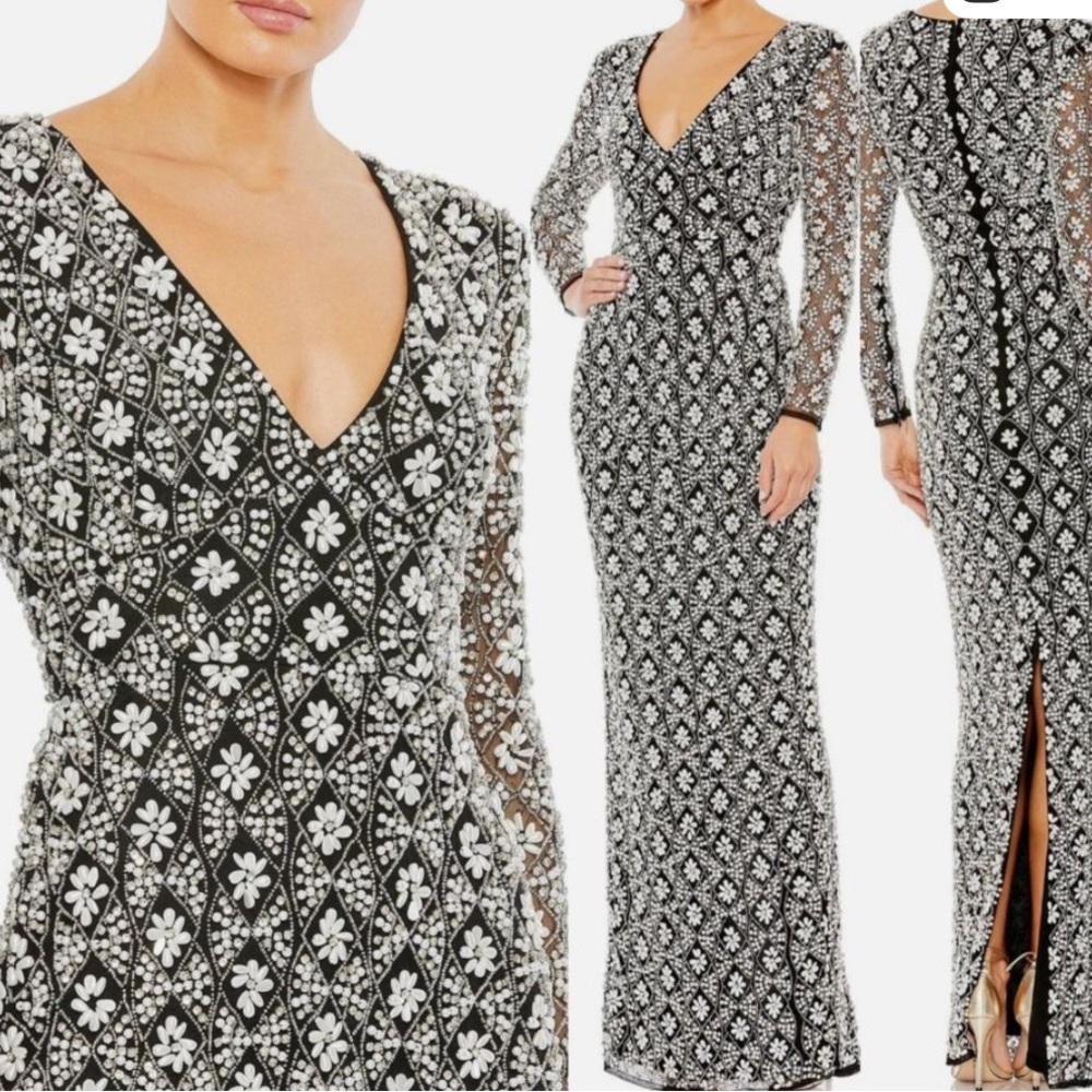 Mac Duggal Black and White Floral Maxi Dress